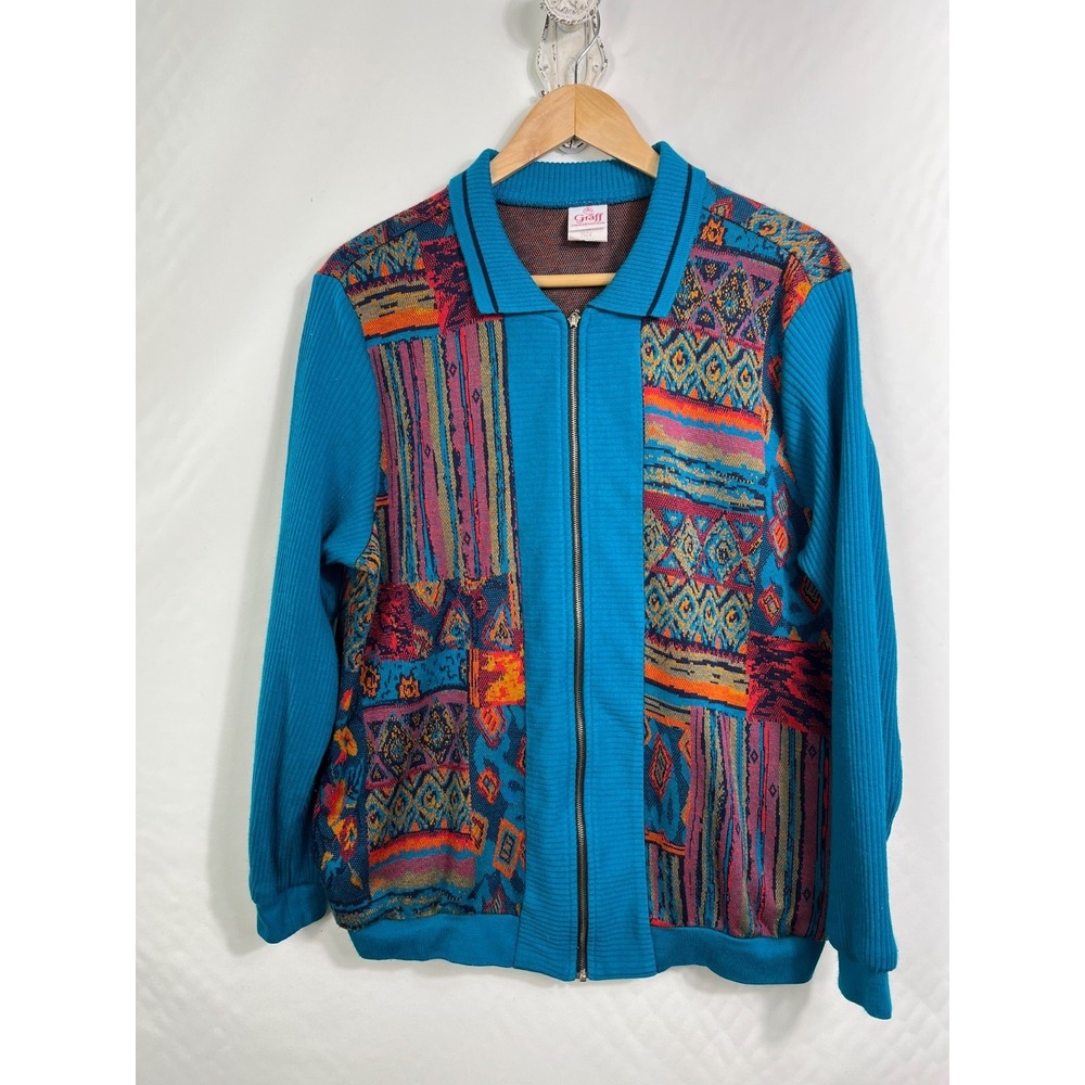 VTG Graff California Wear Full Zip Cardigan Sweater Men's Size L‎ Blue USA Made